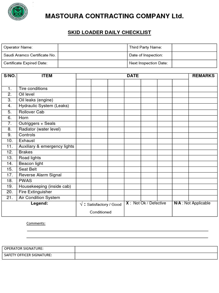 Skid Loader Inspection Guide | PDF | Technology & Engineering