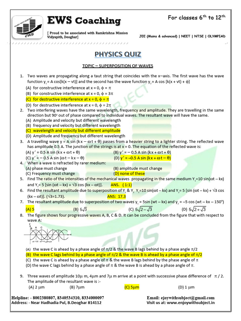 Physics Quiz Answer Key (Superposition of Waves) Dt. 10-04-2024 | PDF ...