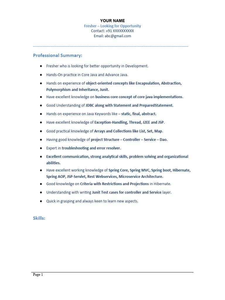 Sample Resume Format Fresher | PDF | Spring Framework | Java ...