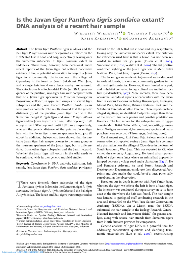 Javan Tiger DNA Analysis Reveals Extant Possibility | PDF | Tiger | Leopard
