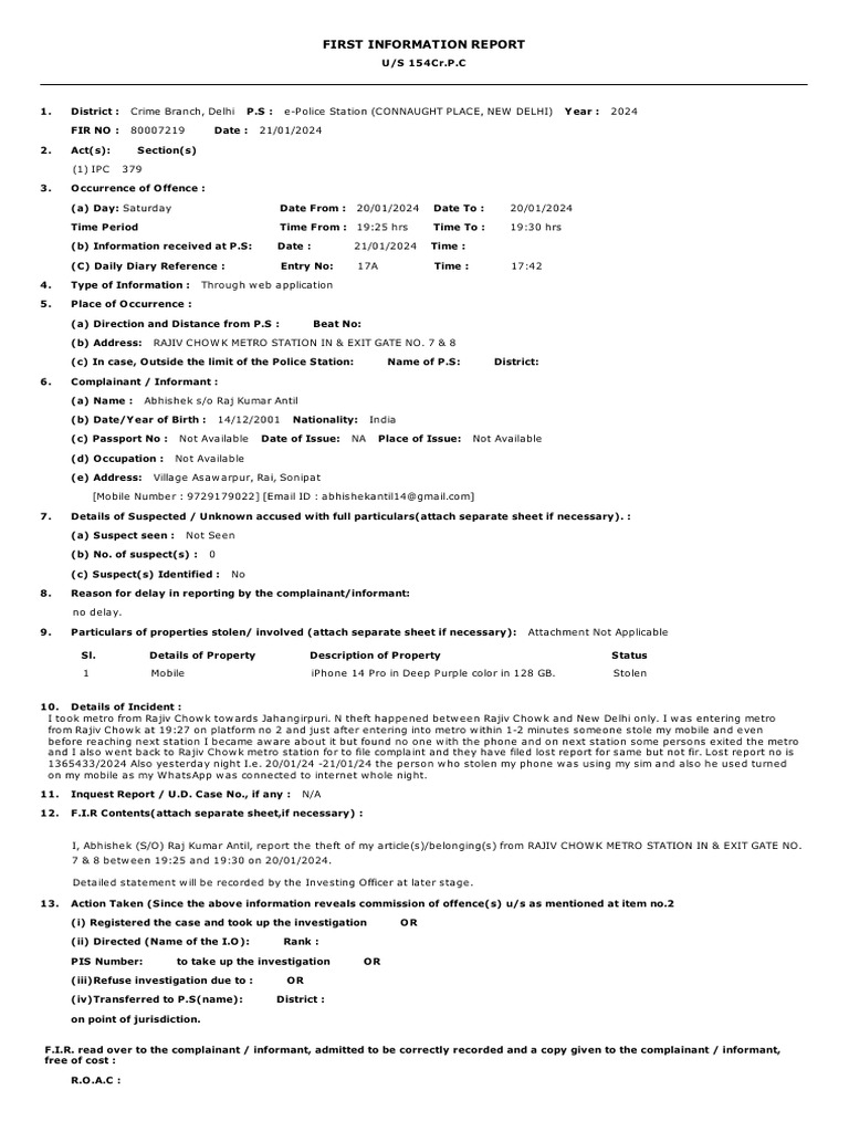 First information report download free pdf law enforcement crime