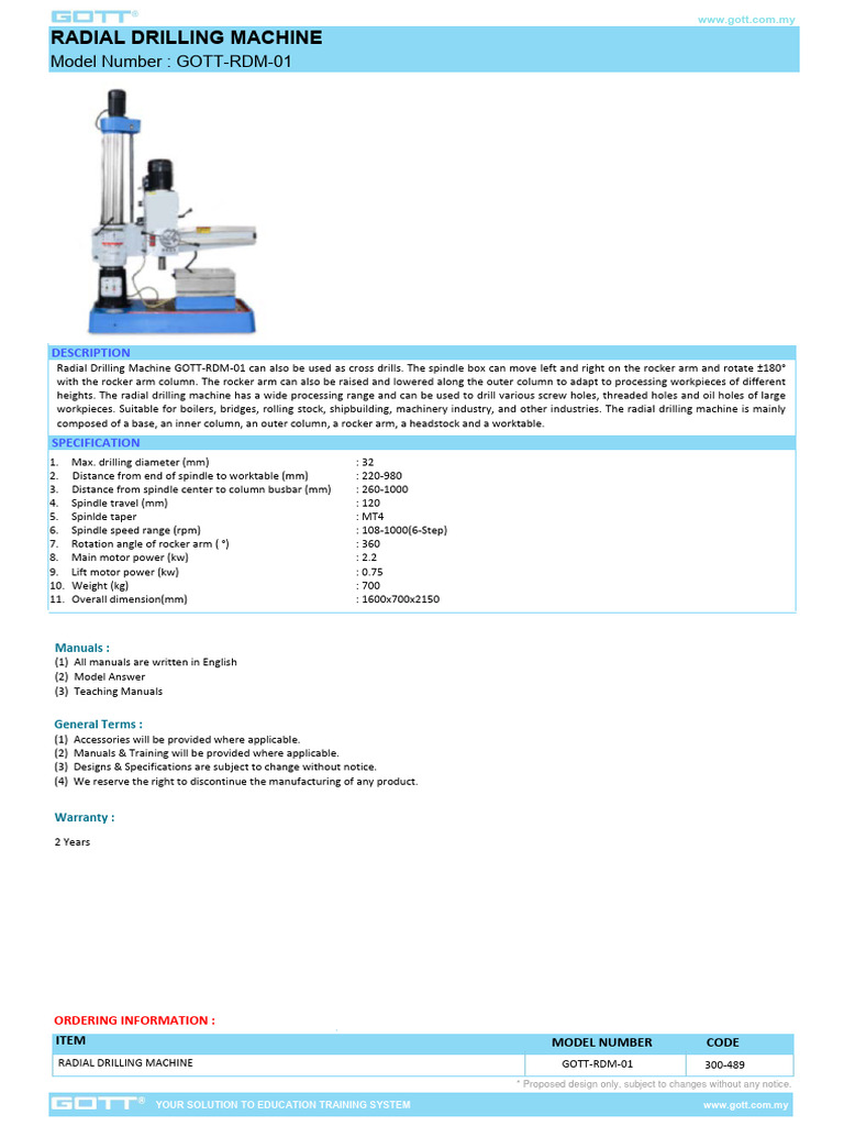 Radial Drilling Machine GOTT-RDM-01 | PDF | Drill | Drilling