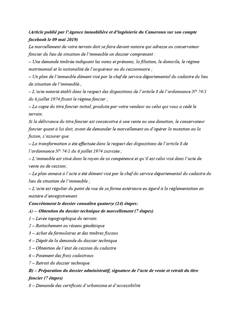 Procédure de morcellement au Cameroun | PDF | Finance et gestion ...
