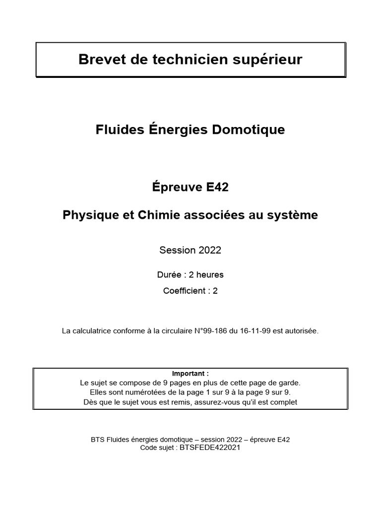 Sujet BTS FED U42 Physique Chimie 2022 | PDF | Chaudière | Puissance ...