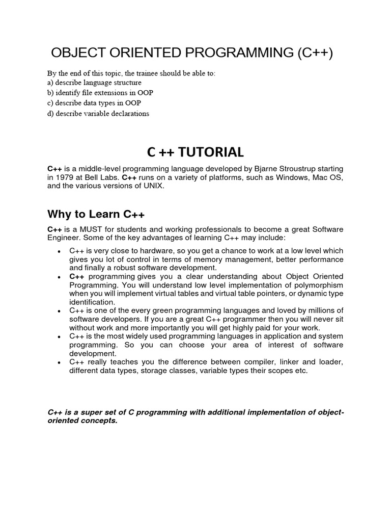 LESSON 1 LANGUAGE STRUCTURES OF OOP (C ++ NOTES) | PDF | C++ | Object ...