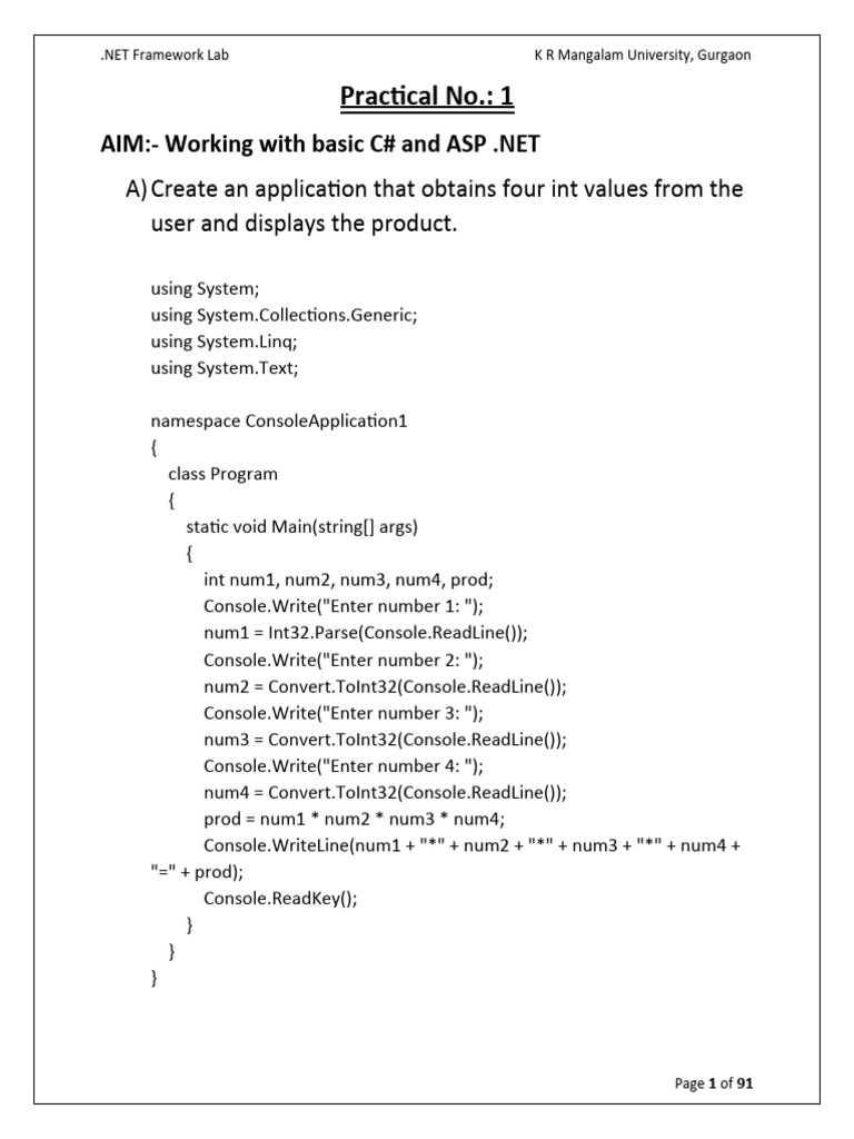.NET Framework Lab | PDF | C Sharp (Programming Language) | Namespace