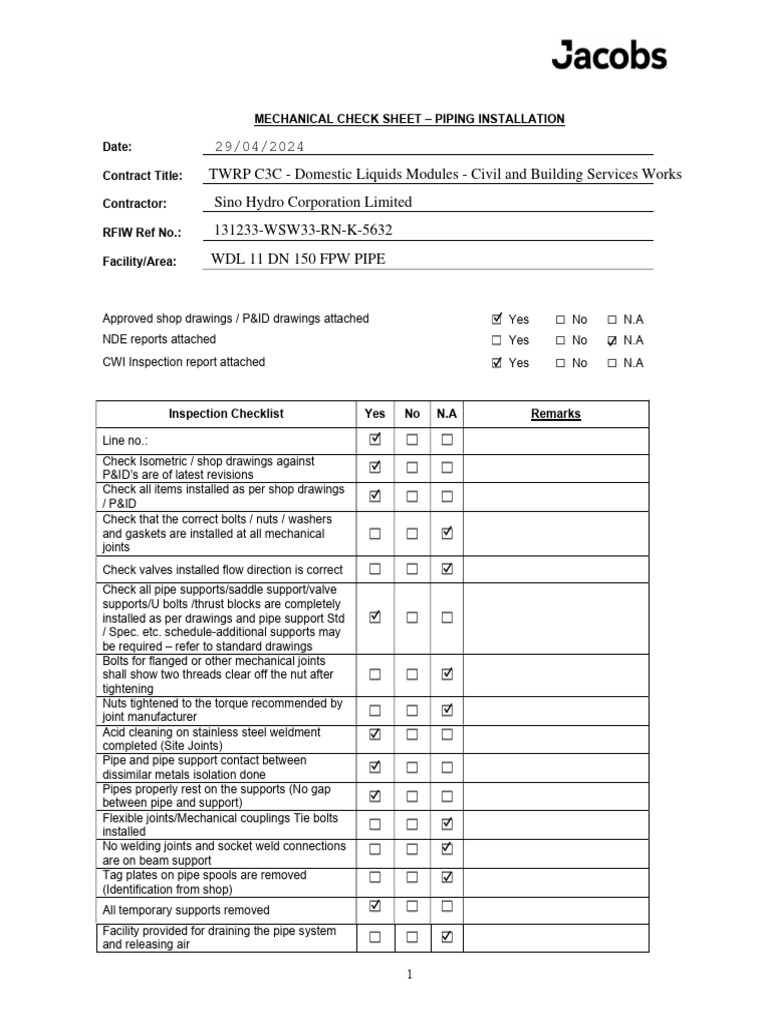 Piping Installation Quality Control Checklist | PDF | Pipe (Fluid ...
