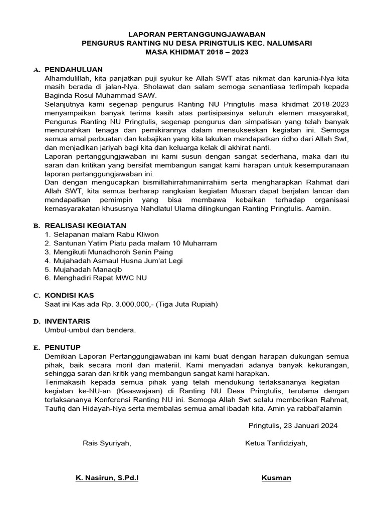 LPJ Pengurus Ranting NU Pringtulis 2018-2023 | PDF