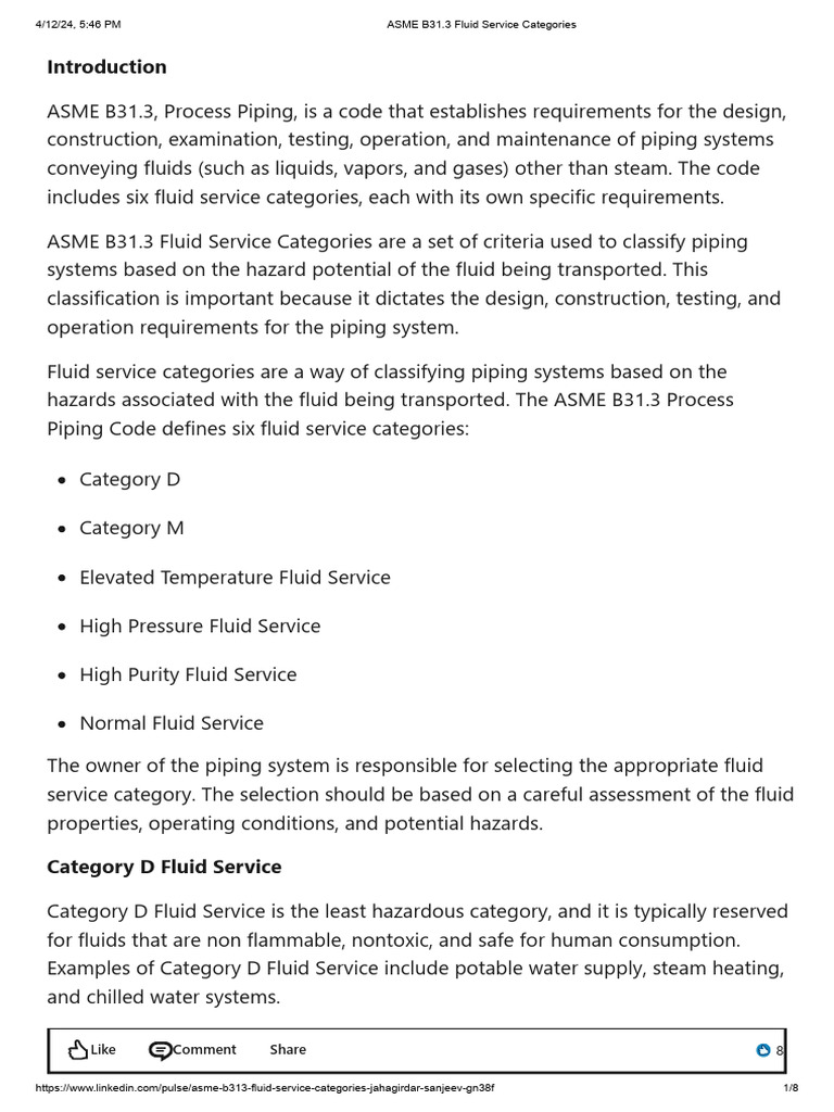 ASME B31.3 Fluid Service Categories PDF Water Natural Gas