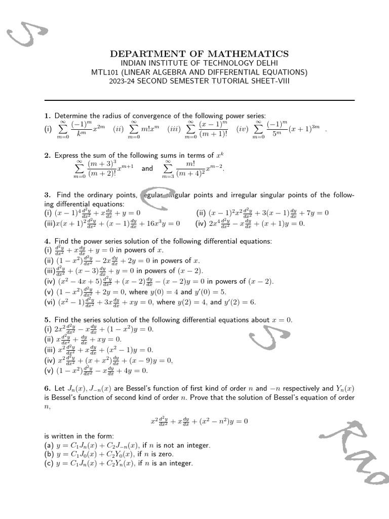 Linear Algebra & Differential Equations Tutorial | PDF | Power Series ...
