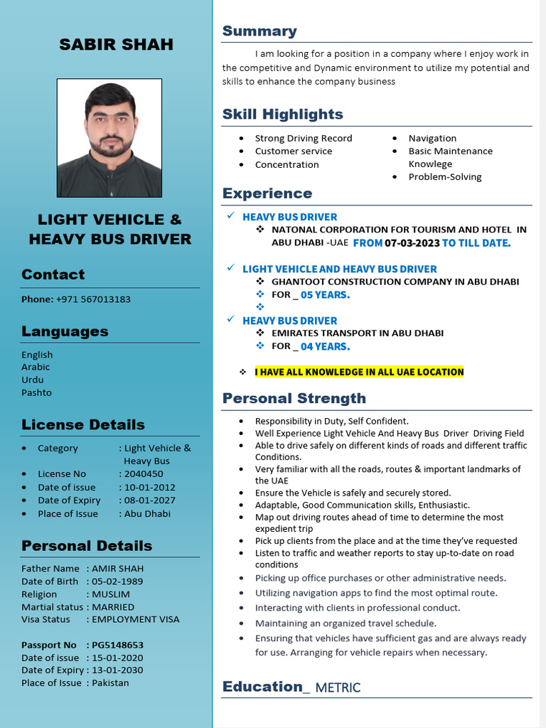 Sabir Shah Light Vehicle and Heavy Bus Driver | PDF | United Arab ...