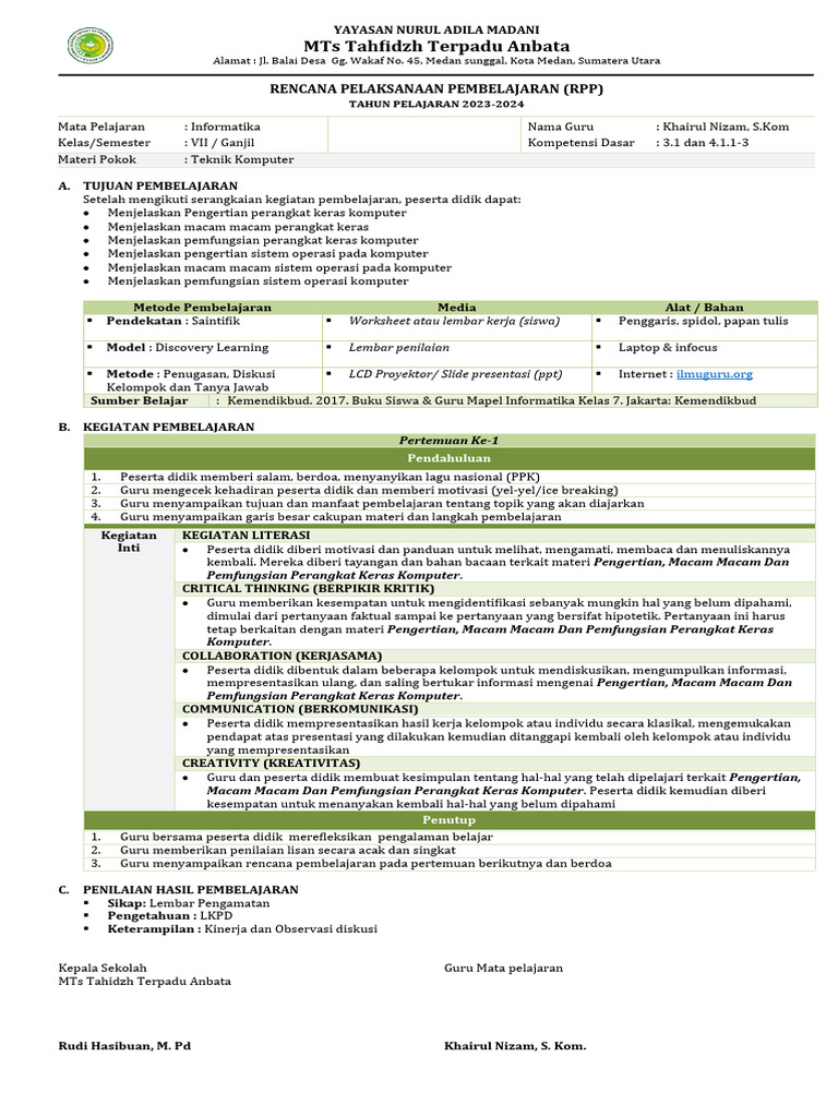 RPP Informatika Kelas VII: Teknik Komputer | PDF | Karier ...