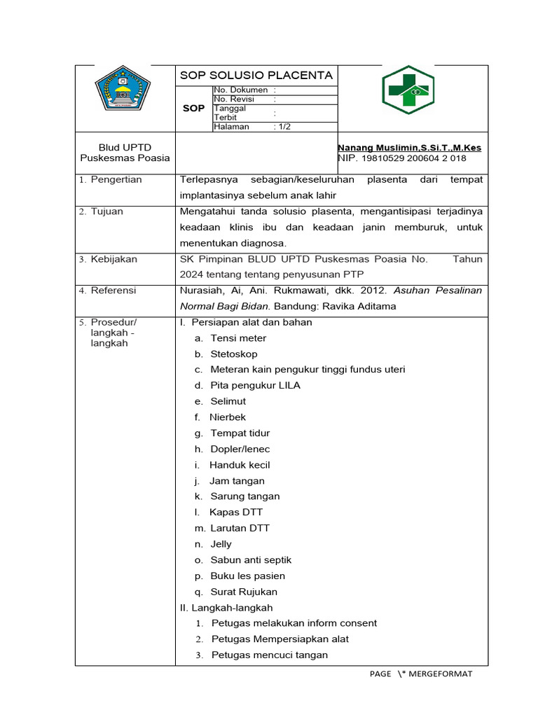 SOP Penanganan Solusio Plasenta | PDF