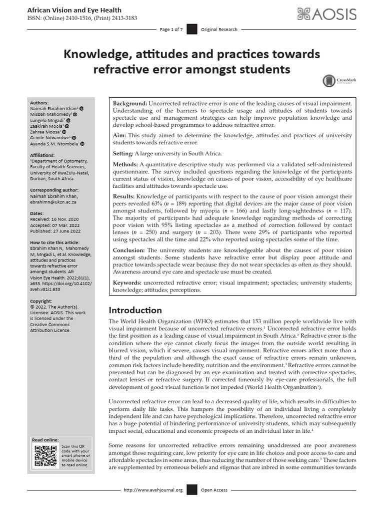 Knowledge, Attitudes and Practices Towards Refractive Error Amongs ...