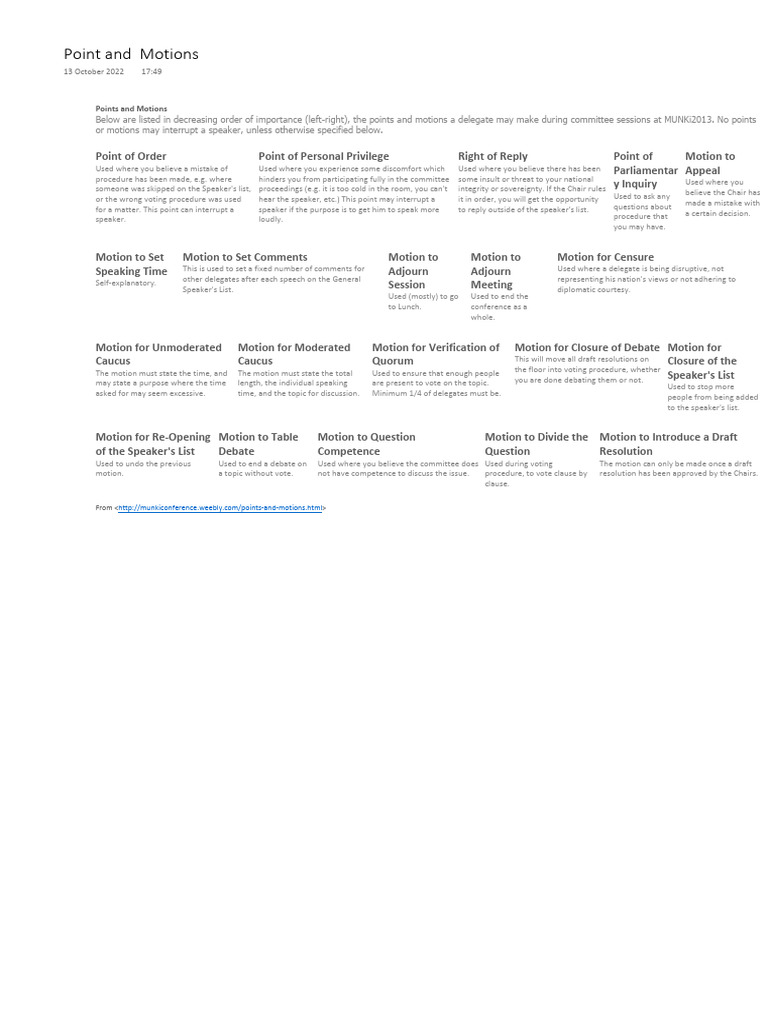Point And Motions Pdf Committee Parliamentary Procedure