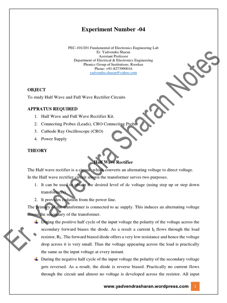 To Study Half Wave And Full Wave Rectifier Circuits1 Pdf Rectifier