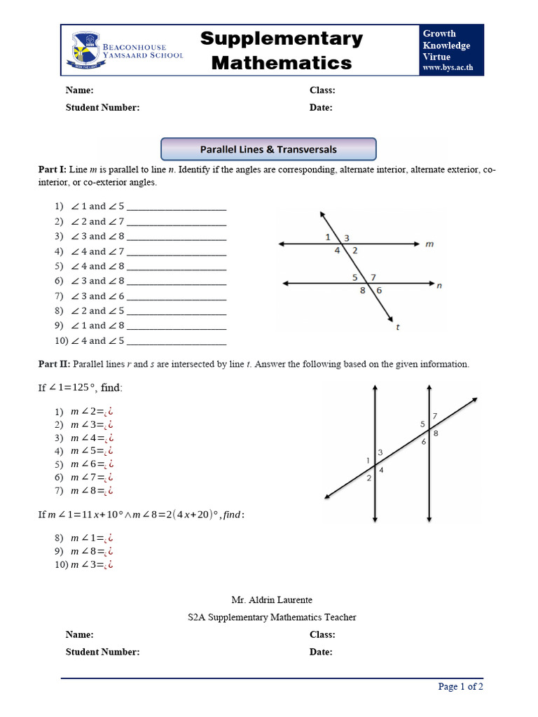 Transversal - Worksheet | Download Free PDF | Classical Geometry ...
