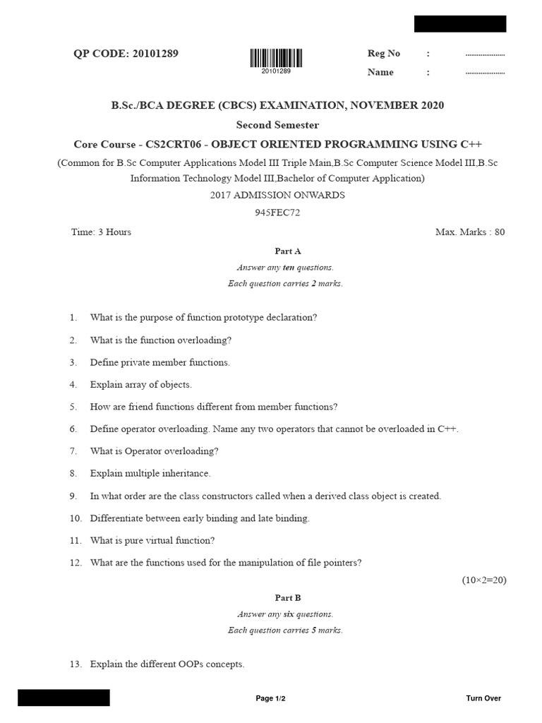 BSC Bca 2 Sem Object Oriented Programming Using CPP 20101289 Nov 2020 ...