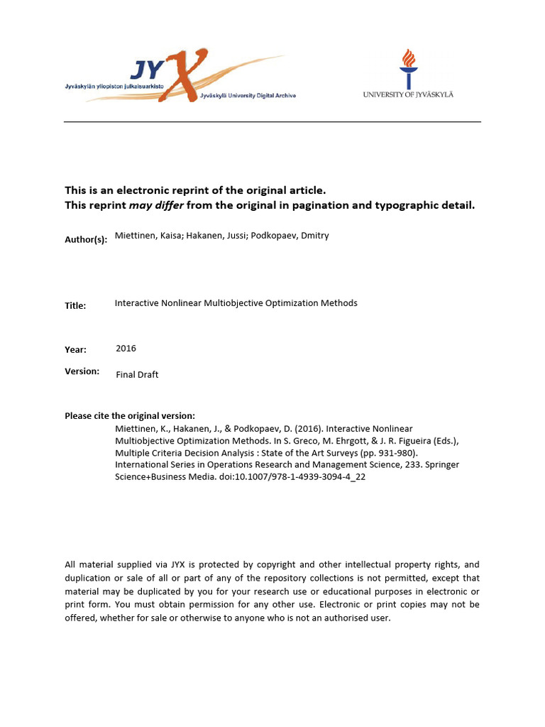 Interactive Nonlinear Multiobjective Optimization Methods | PDF ...
