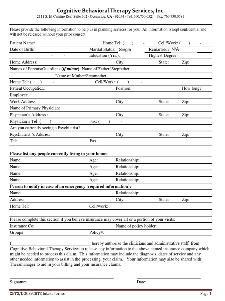 CBTS Patient Intake Form | PDF | Cognitive Behavioral Therapy ...