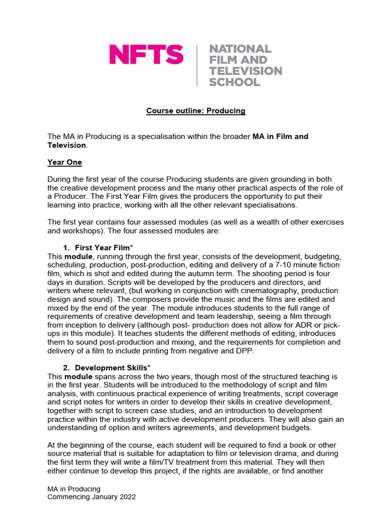 NFTS Course - Outline - Producing - MA - 2022 | PDF | Thesis | Filmmaking