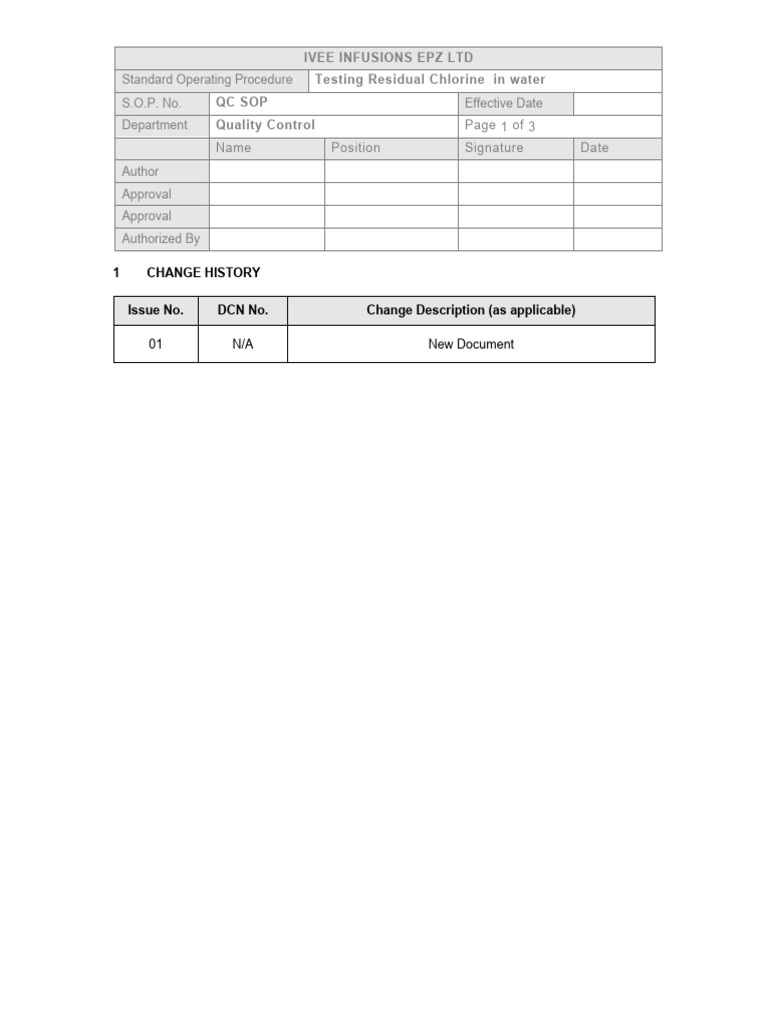 Residual Chlorine Testing SOP | PDF | Chemistry