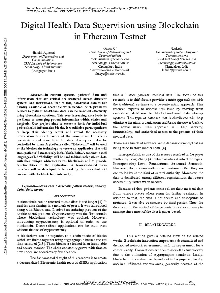 Digital Health Data Supervision Using Blockchain in Ethereum Testnet ...