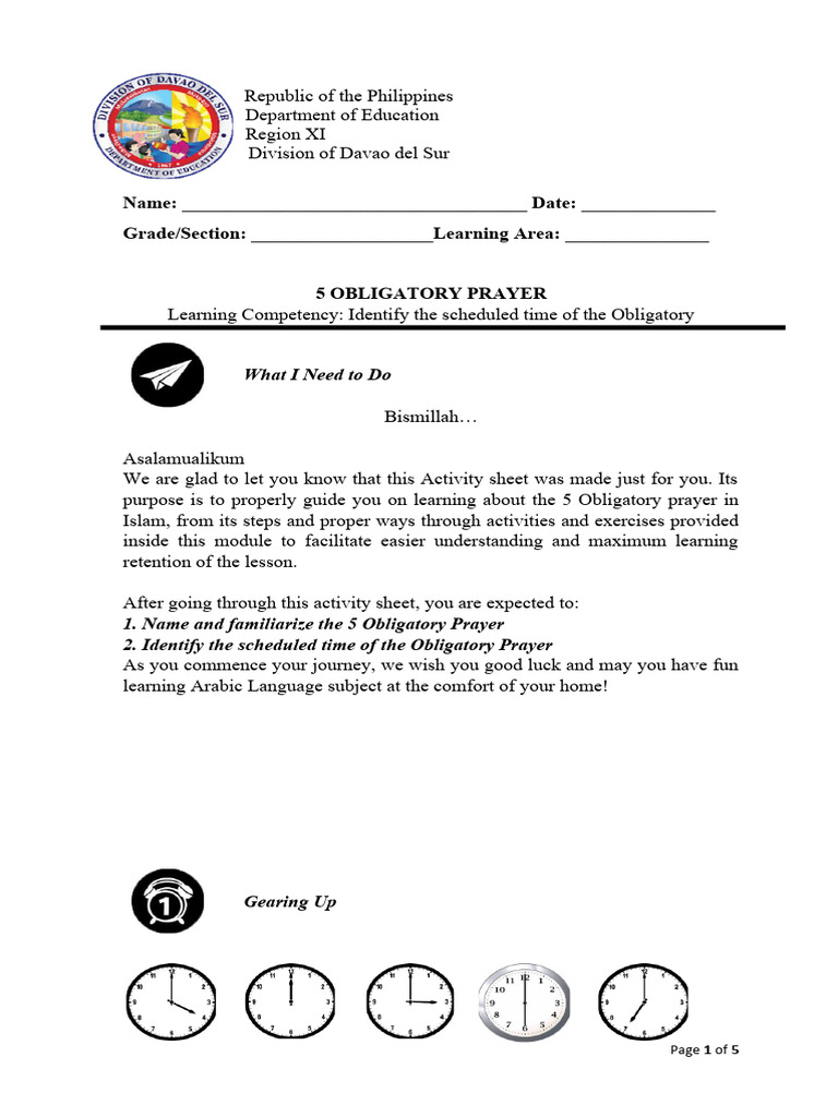 5 Obligatory Prayer Worksheet | PDF