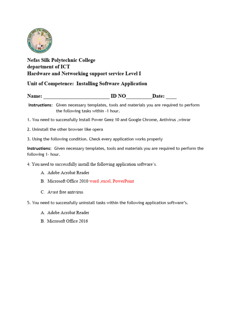 Practical test for installing software application pdf