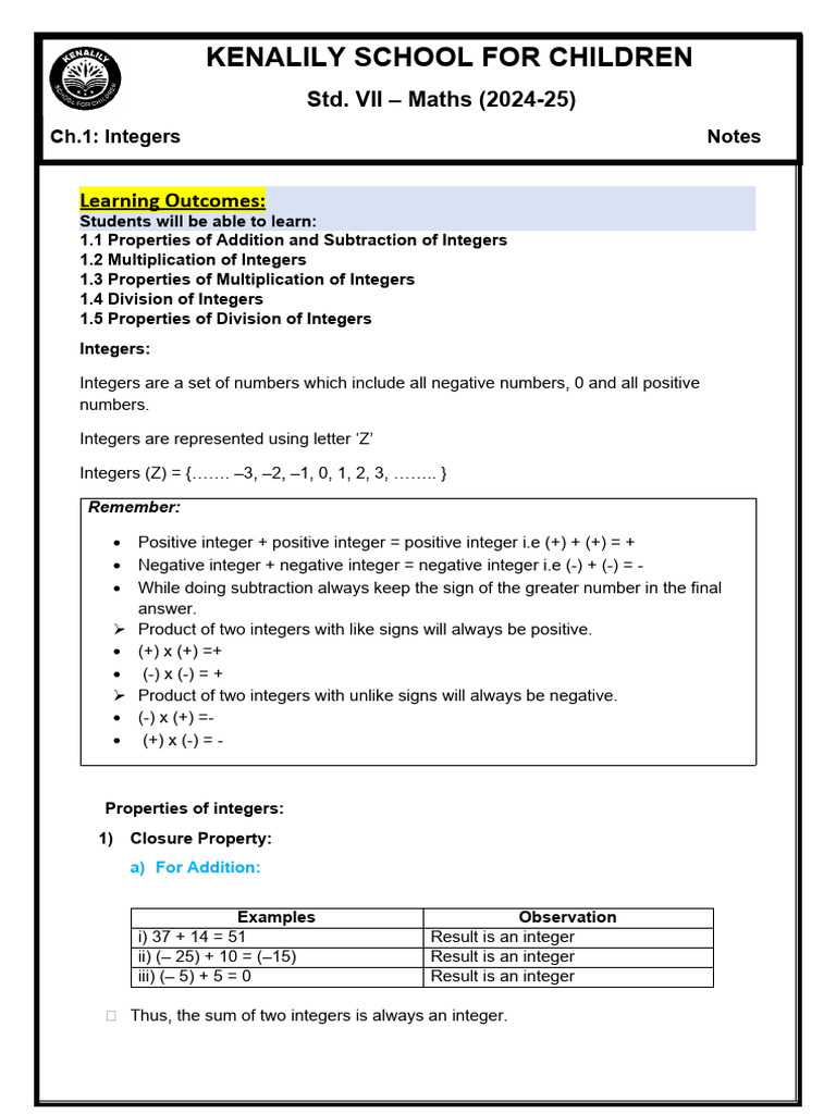Class 7 Integers: Properties & Exercises | PDF | Multiplication | Integer