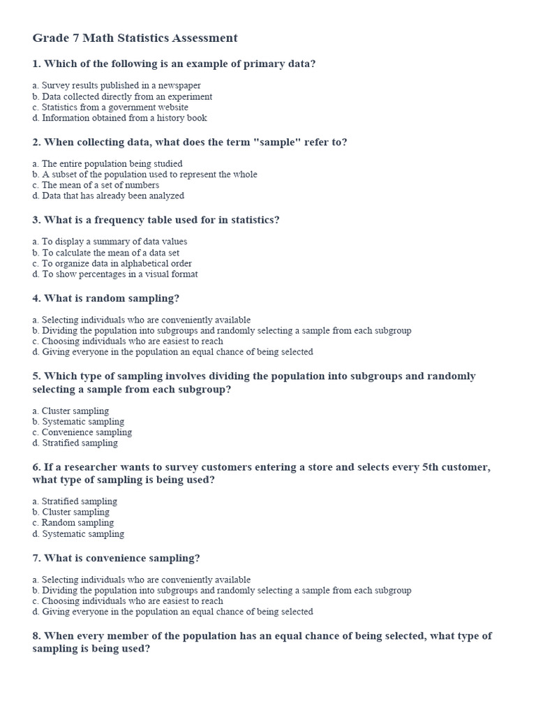 Grade 7 Statistics Quiz | PDF | Sampling (Statistics) | Stratified Sampling