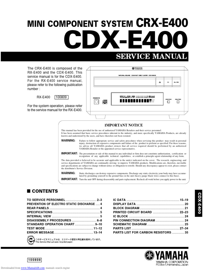Yamaha CDX-E400 Service Manual | PDF | Laser | Optics