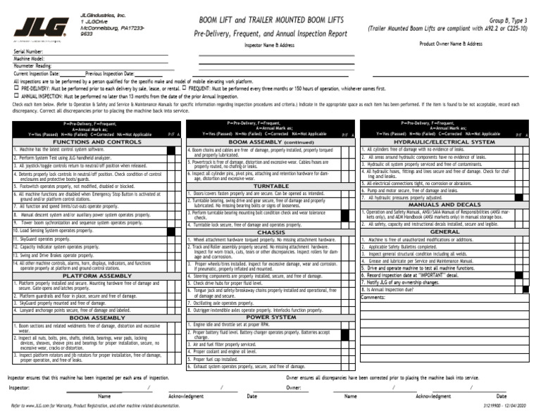 JLG Boom Lift Annual Inspection Checklist | PDF | Elevator | Mechanical ...