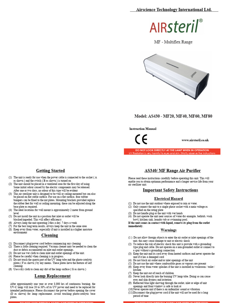 MF Range Instructions Revised | PDF | Ultraviolet | Electrical Connector