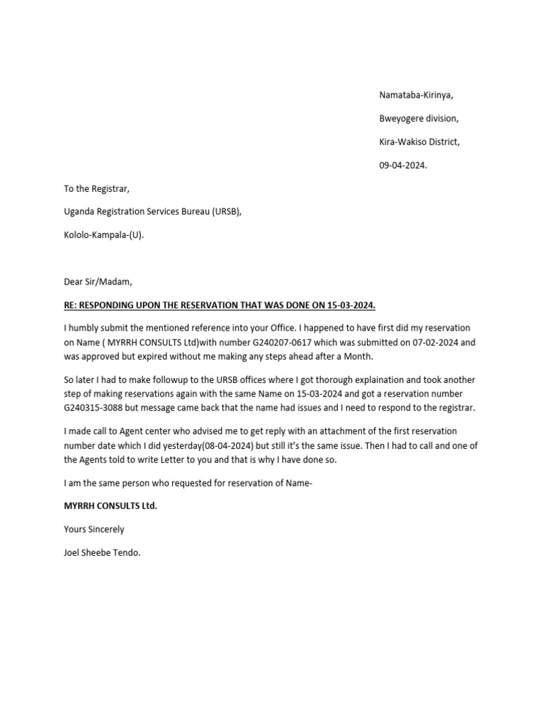 Response to URSB Name Reservation Issue | PDF