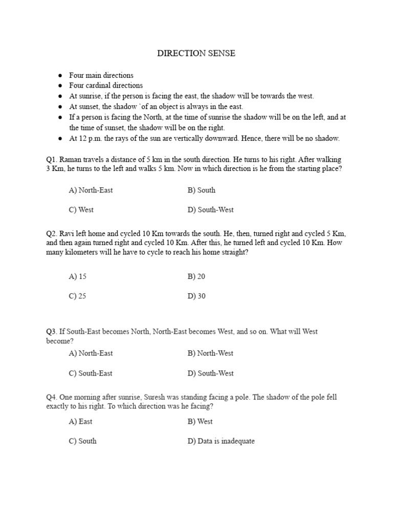 Direction Sense and Reasoning Test | PDF | Shadow | Sun
