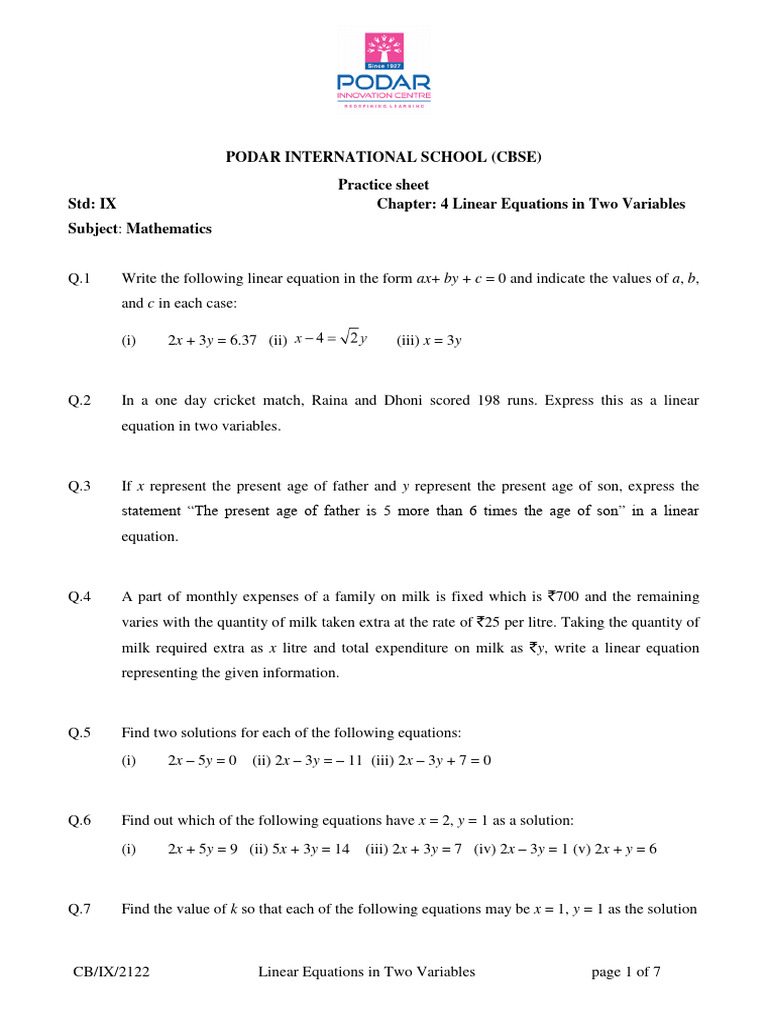 Class 9 Linear Equations Practice Sheet | PDF | Equations | Temperature
