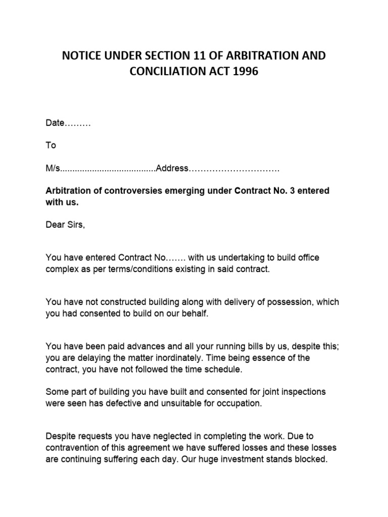 Notice Under Section 11 of Arbitration and Conciliation Act 1996 | PDF