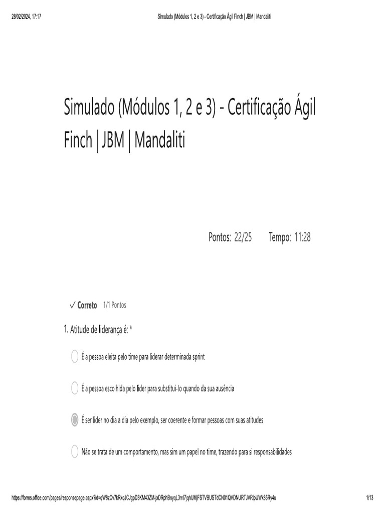 Simulado (Módulos 1, 2 e 3) - Certificação Ágil Finch - JBM - Mandaliti ...