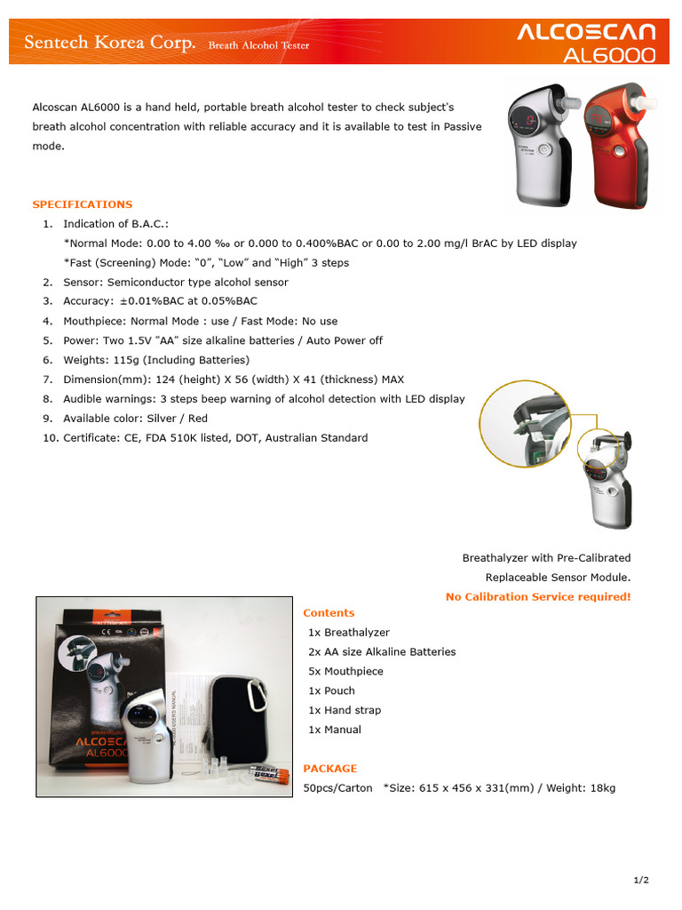 Alcoscan AL6000 Breath Alcohol Tester | PDF | Technology & Engineering
