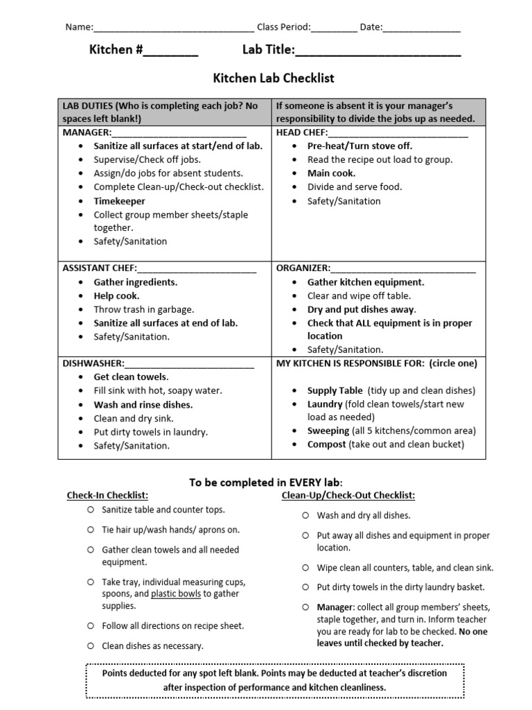 Kitchen Lab Checklist PDF Kitchen Chef