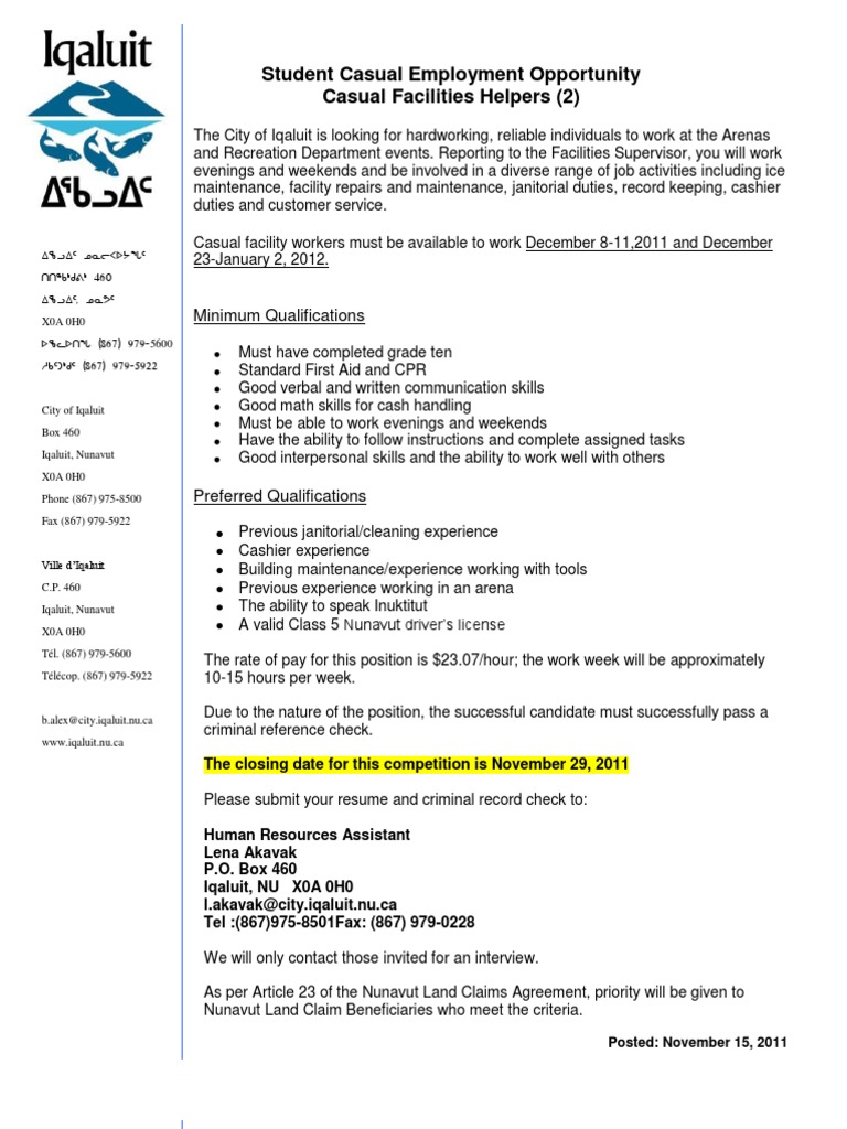 Iqaluit Casual Facilities Helper Job | PDF | Business