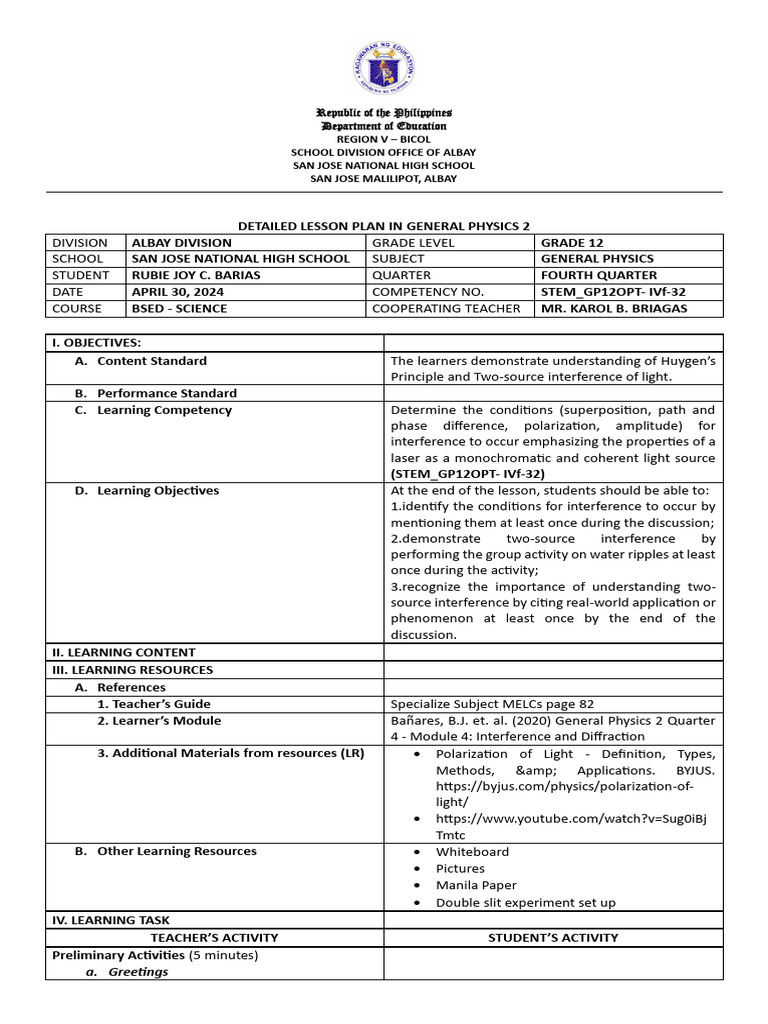 Lesson Plan Fourth Quarter 5 Two Source Interference Final Demo