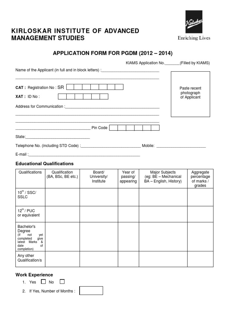 PGDM Application Form - KIAMS Harihar | PDF | Career & Growth