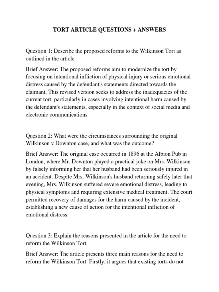 Tort Article Questions + Answers | PDF | Tort | Negligence