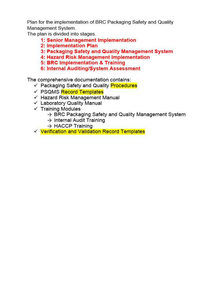 BRC Packaging Safety Management Plan | PDF | Risk Management | Audit