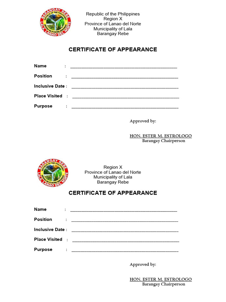 Barangay Certificate of Appearance Sample | PDF
