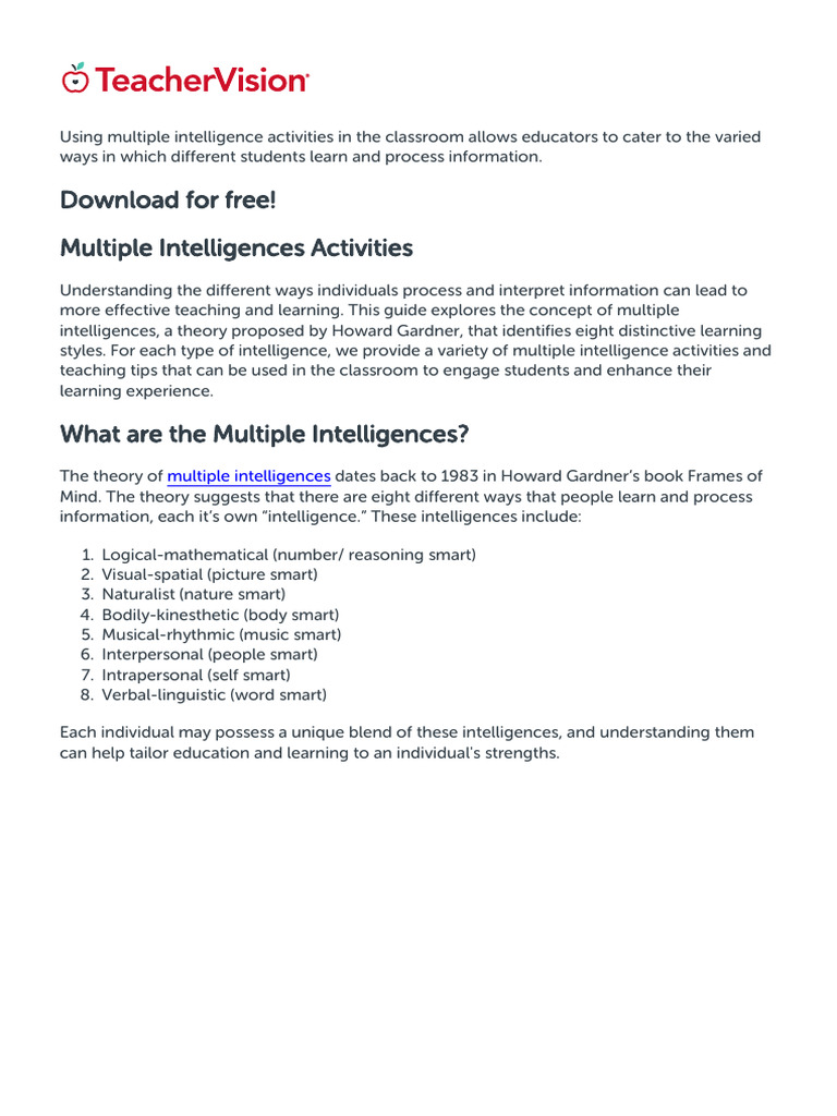 For Free! Multiple Intelligences Activities | PDF | Cognition ...