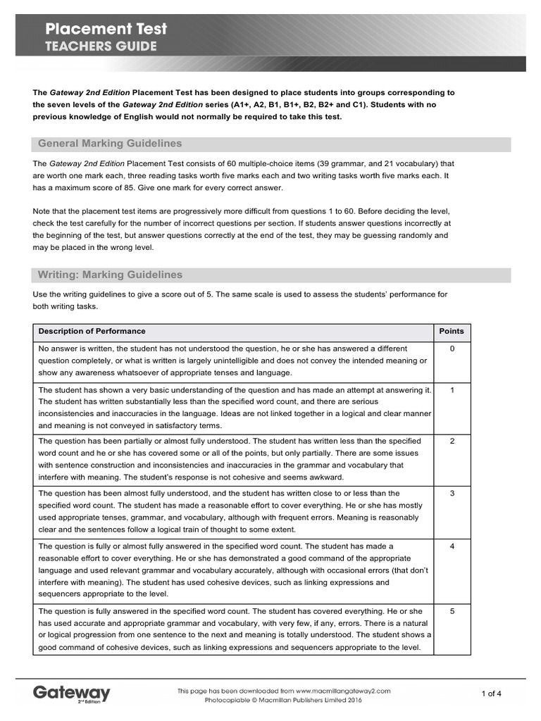 Gateway 2nd Edition Placement Test Guide | PDF | Verb | Multiple Choice