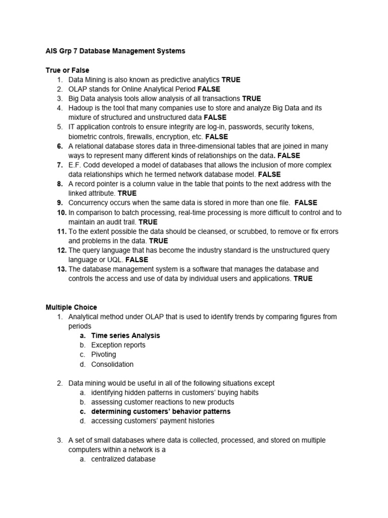 AIS Group 7 Database Management Quiz | PDF | Databases | Data Warehouse
